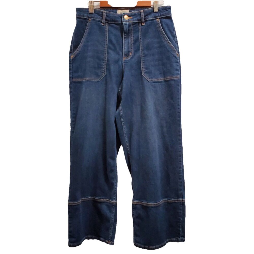 LOGO by Lori Goldstein Dark Wash  Wide Leg Jeans Size 10p 10 petite patch pocket